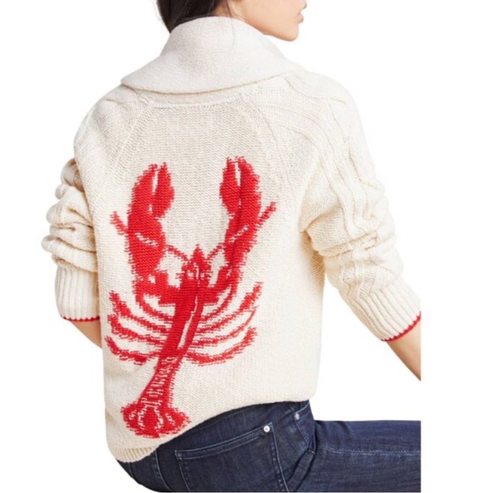 Anthropologie Cream Turtleneck Sweater with Red Lobster